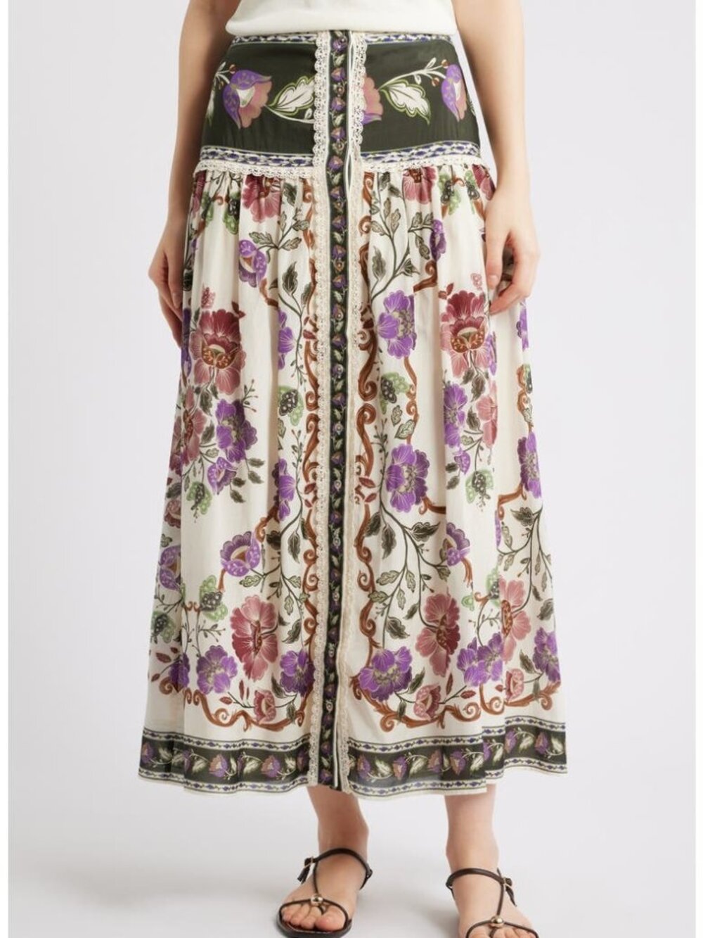 FARM Rio Rococo Floral Lace Buttoned Midi Skirts Women's Size L Cream